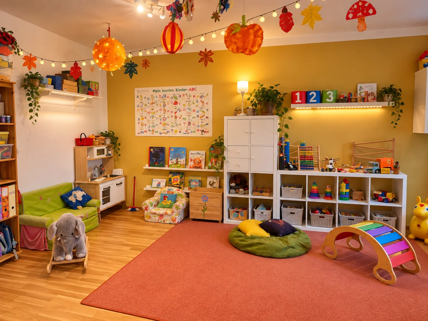 Ob in der Kinderküche, beim Bauen oder beim Anschauen von Bilderbüchern: Unser Spiel- und Lesebereich lädt zum Ausprobieren und Entdecken ein. Kuschelige Sitzplätze bieten Raum zum Vorlesen und Ausruh
