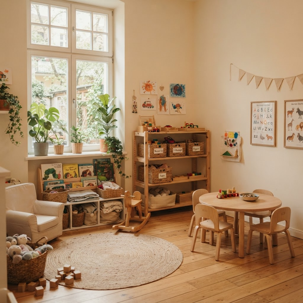 Liebevoll eingerichteter Gruppenraum mit Leseecke, Holzregalen und Pflanzen