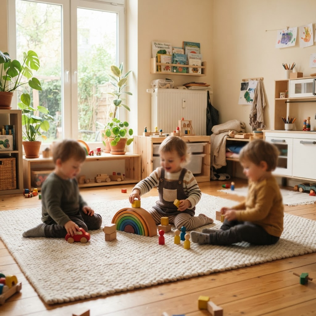 Kinder spielen mit Holzspielzeug in einem hellen, gemütlichen Gruppenraum