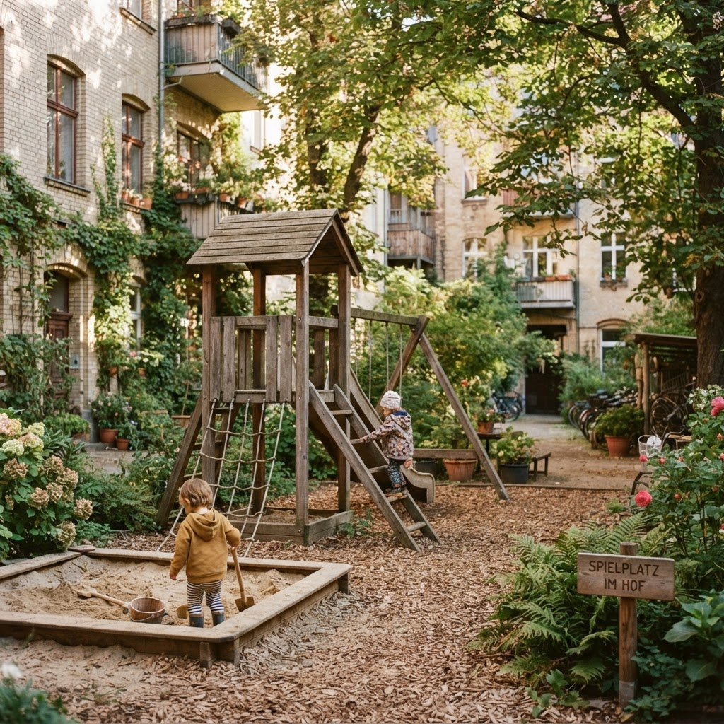 Kindgerechter Spielplatz mit Holzspielgeräten in einem grünen Berliner Hof